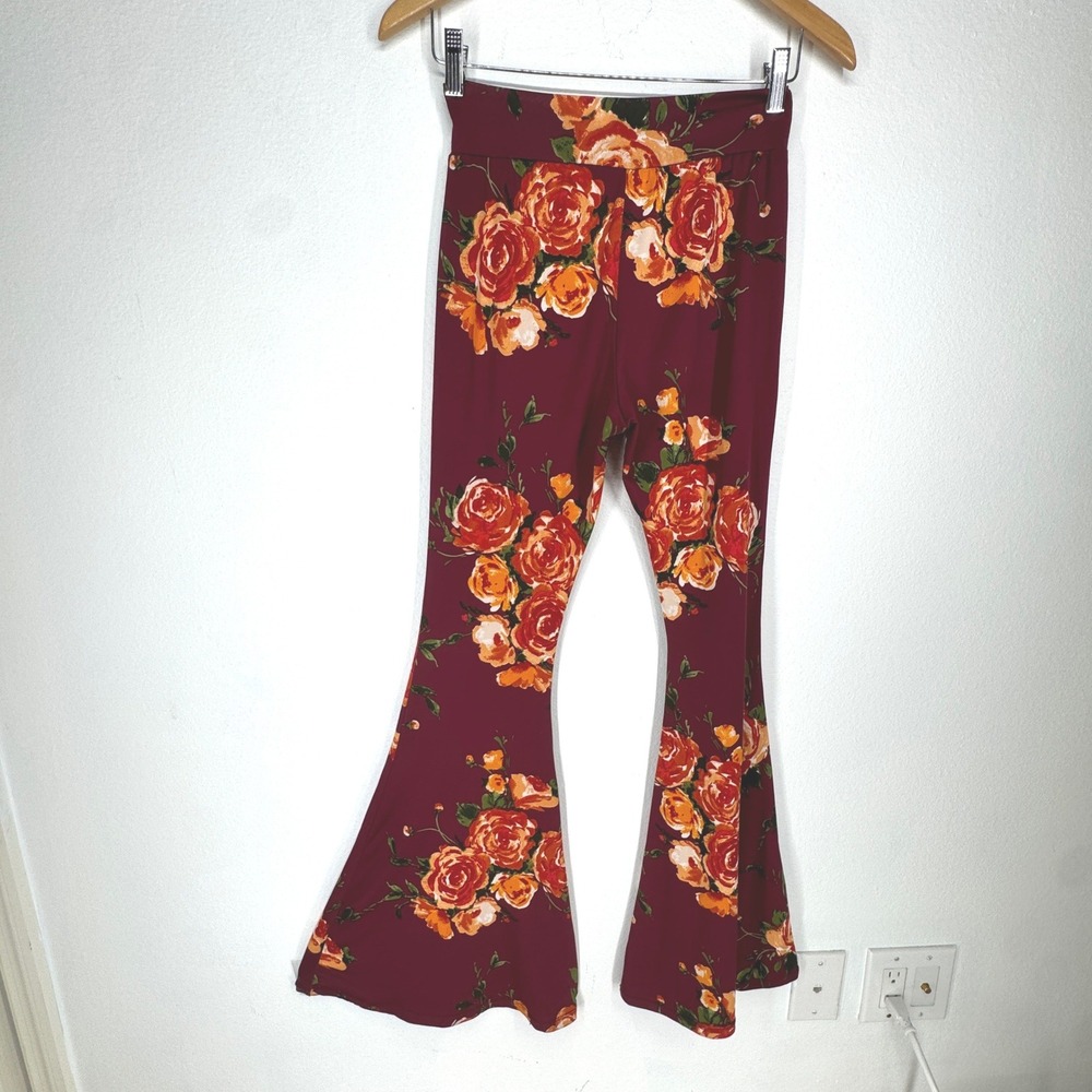 Vintage Floral Rose Bell Bottom Flare Pants Small High Waist Stretch Pull On Y2K